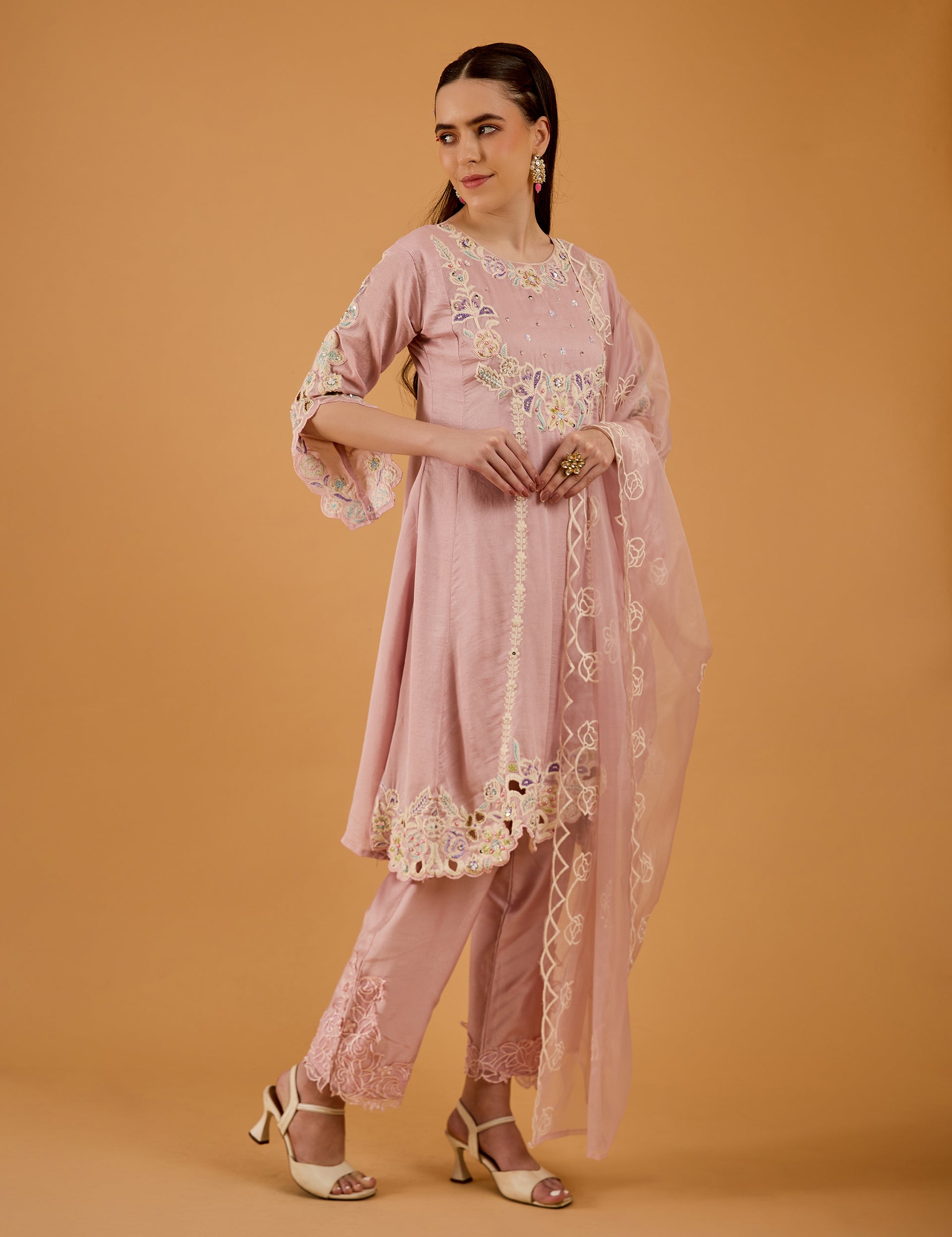 dhartii  Lilac Pink Radiant Embroidered Chinnon Kurta Set