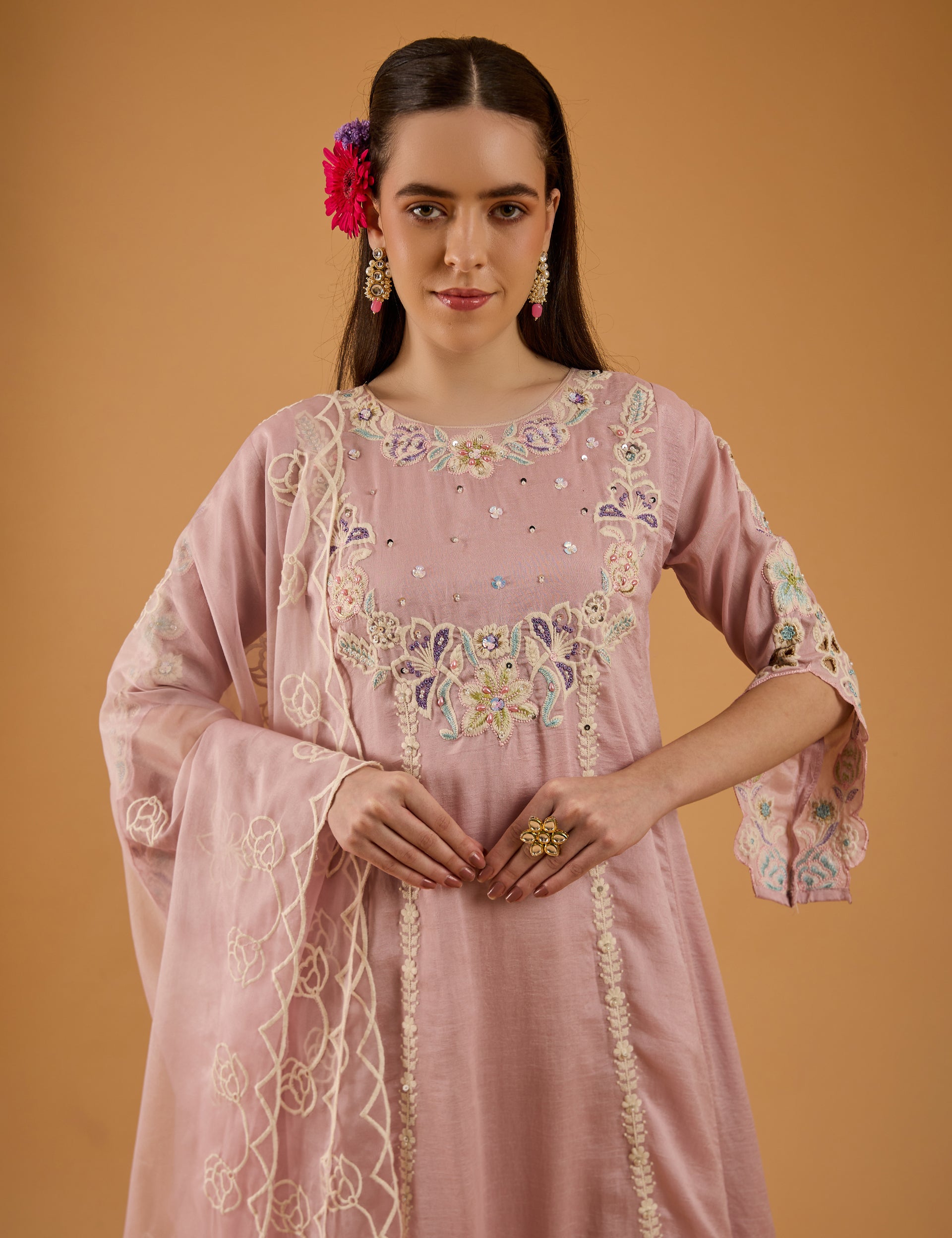 dhartii  Lilac Pink Radiant Embroidered Chinnon Kurta Set