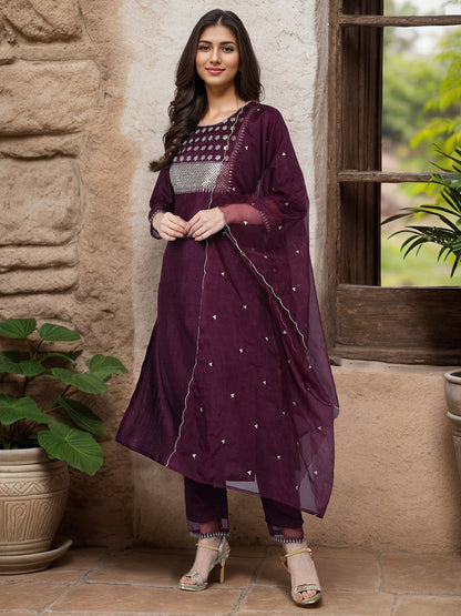 Purple Poly Silk Solid Straight Suit Set