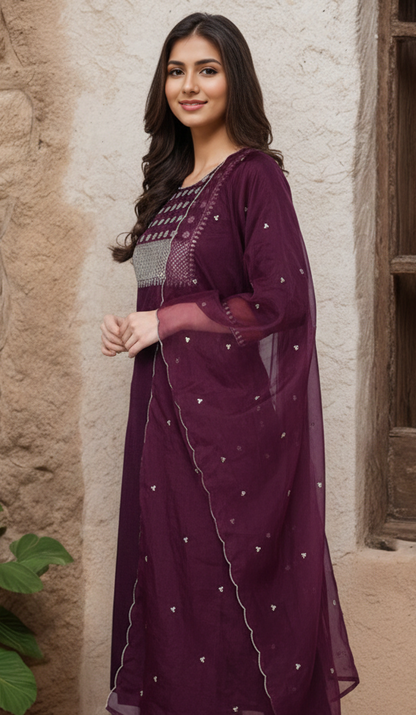 Purple Poly Silk Solid Straight Suit Set