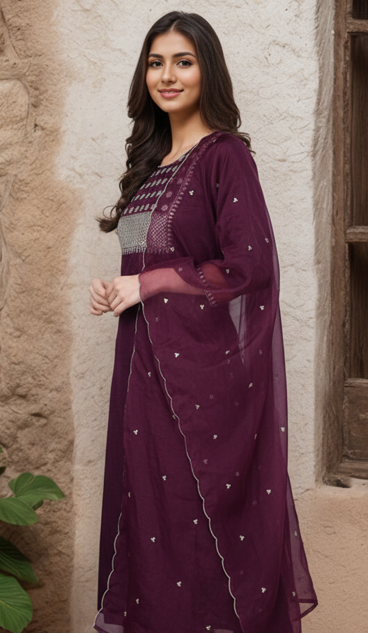 Purple Poly Silk Solid Straight Suit Set