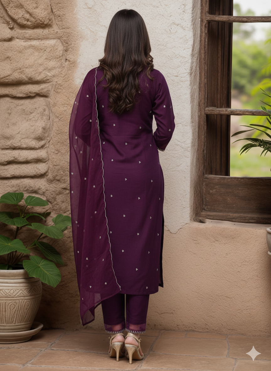 Purple Poly Silk Solid Straight Suit Set