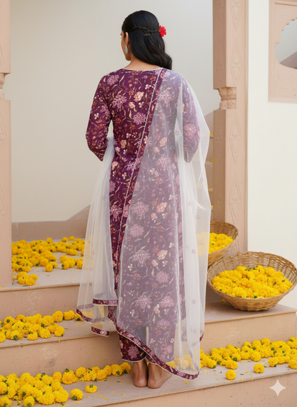 Purple Rayon Blend Floral Straight Kurta Pant With Dupatta 