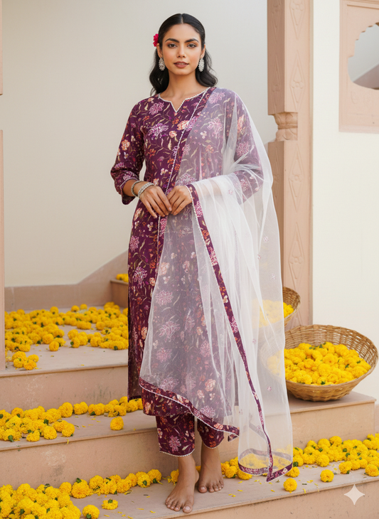 Purple Rayon Blend Floral Straight Kurta Pant With Dupatta 