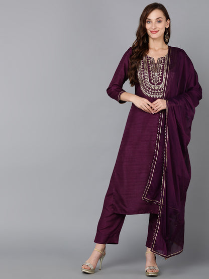 Silk Blend Purple Embroidered Straight Kurta Pant With Dupatta