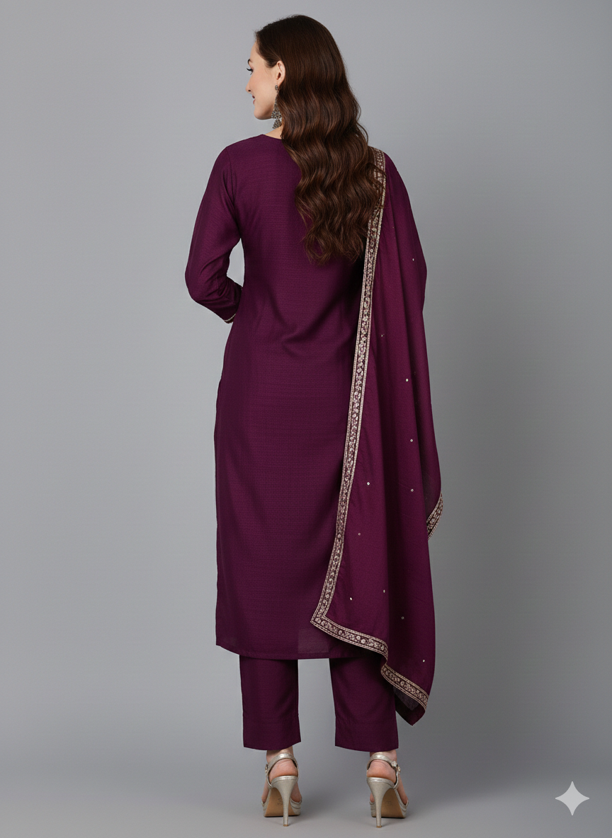 Silk Blend Purple Embroidered Straight Kurta Pant With Dupatta