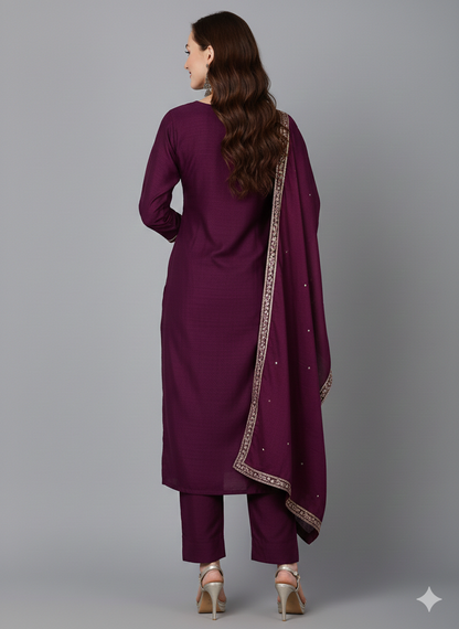 Silk Blend Purple Embroidered Straight Kurta Pant With Dupatta