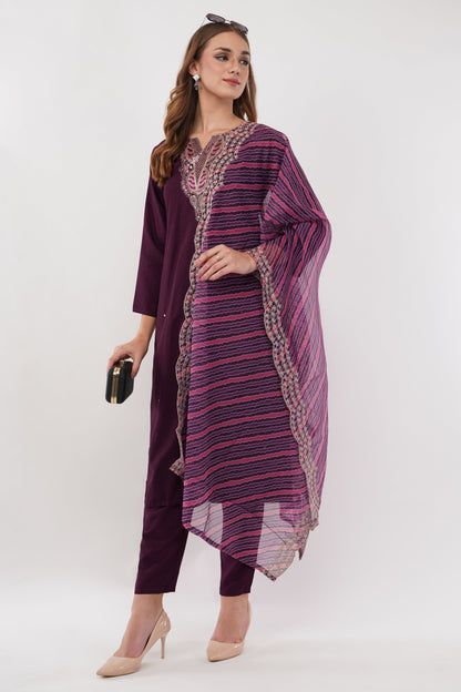 Purple Viscose Suit Set With Printed Dupatta - Set Of 3