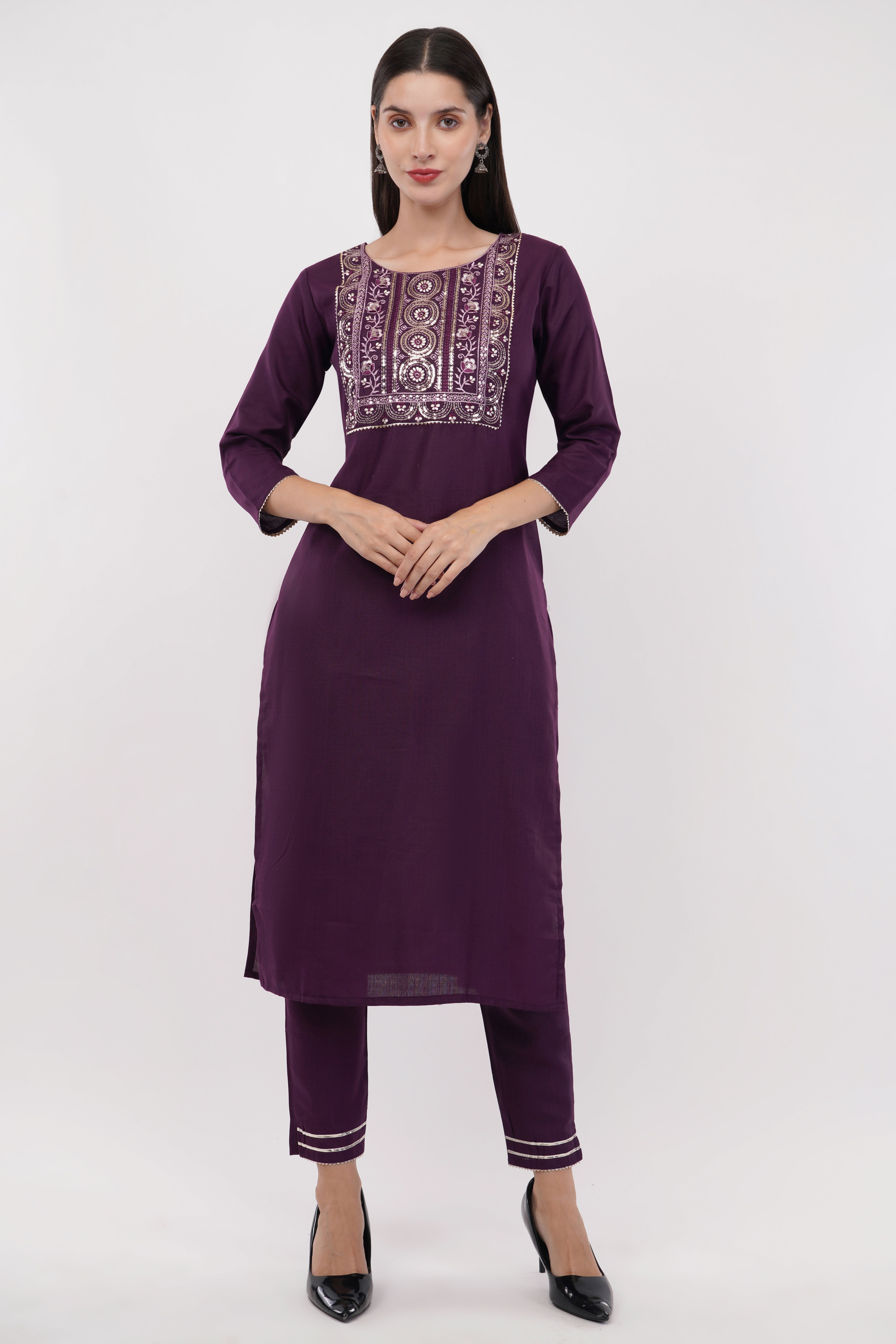 Purple Cotton Fabric Suit Set With Embroidered Yoke - Set Of 3