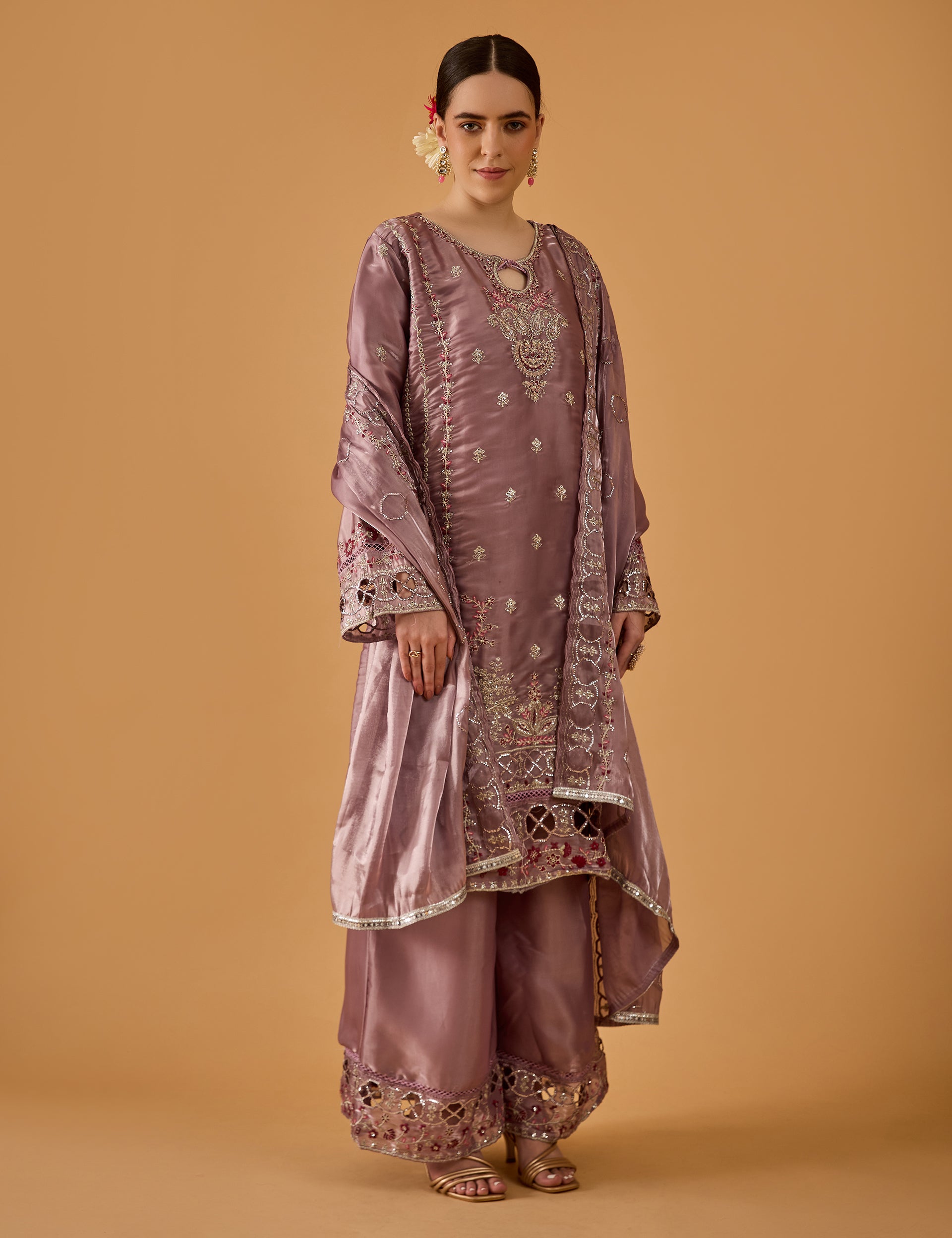 dhartii  Dusty Mauve Elegance Embroidered Organza Sharara Set