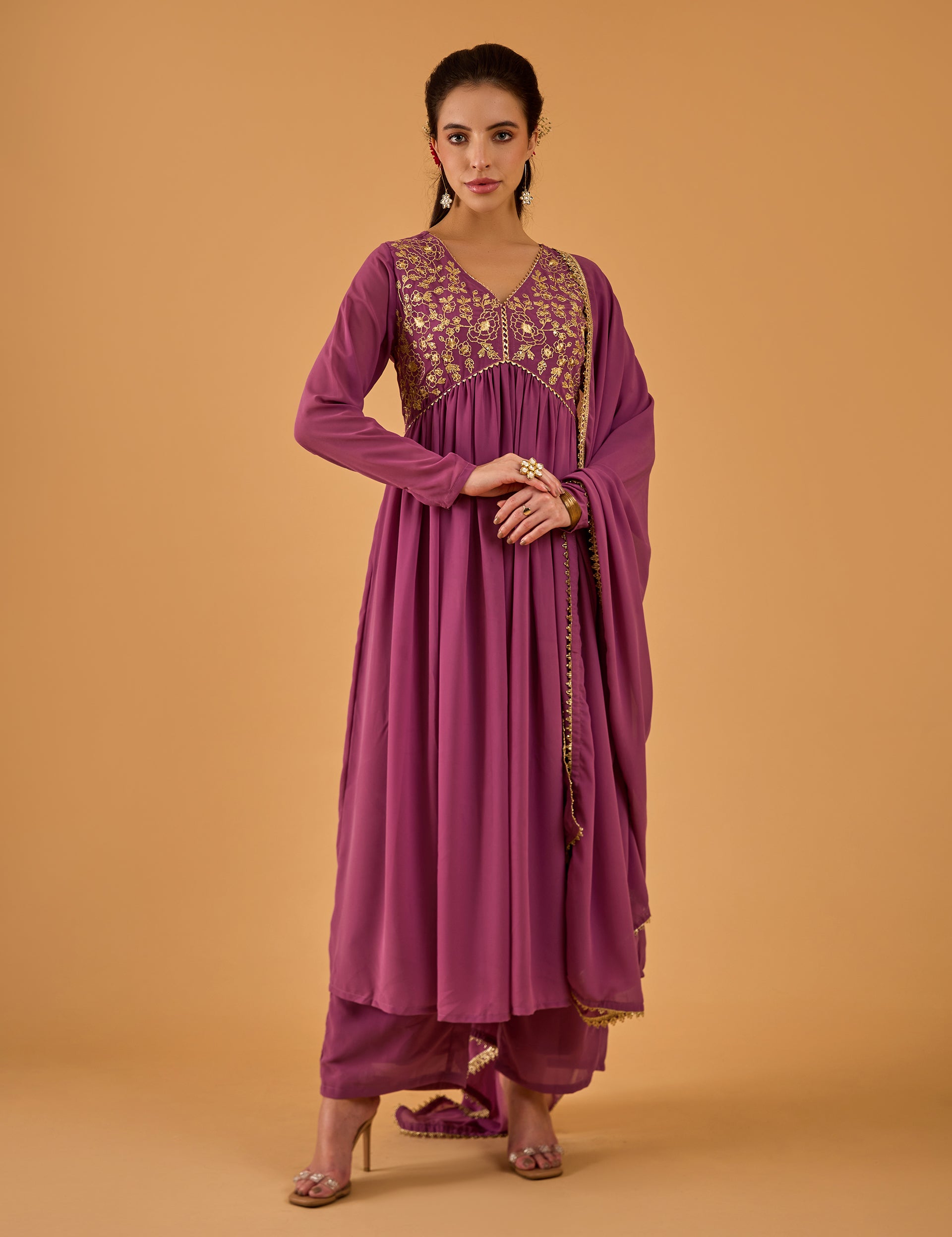 dhartii  Solid Purple Embroidered Georgette Suit Set