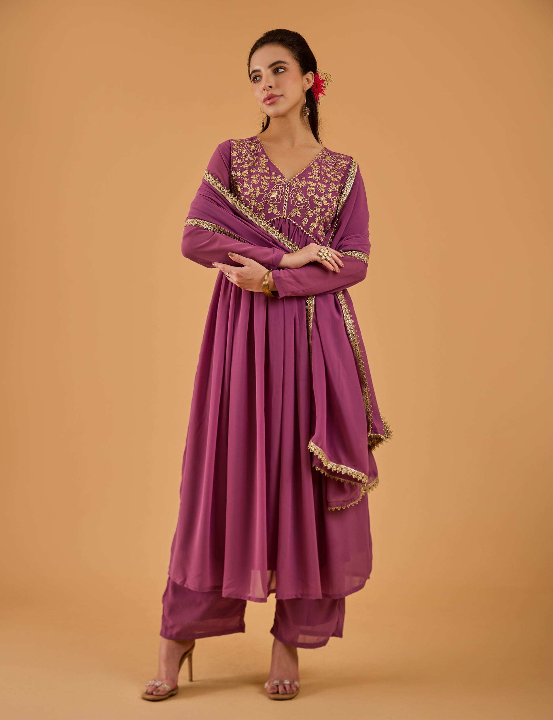 dhartii  Solid Purple Embroidered Georgette Suit Set
