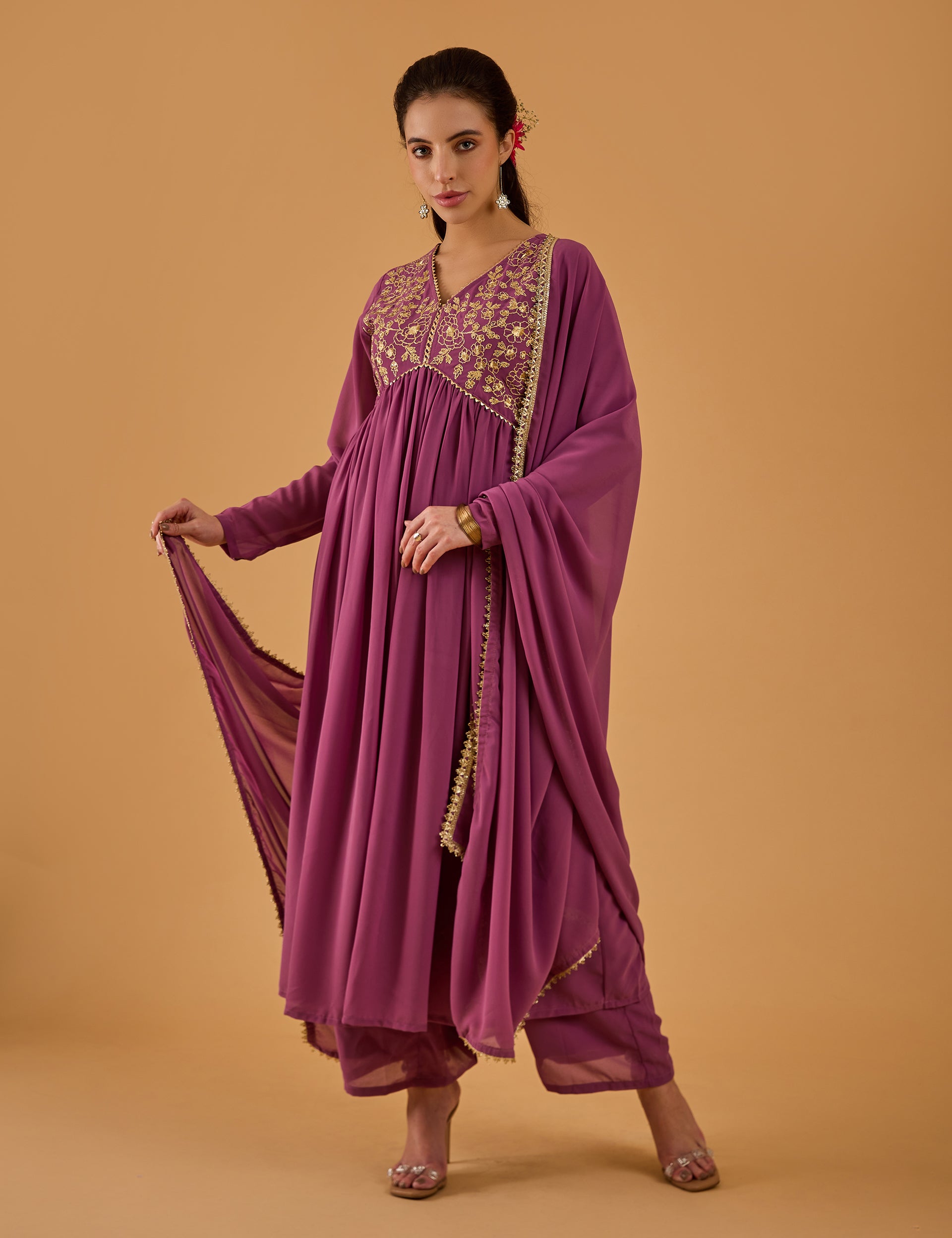 dhartii  Solid Purple Embroidered Georgette Suit Set