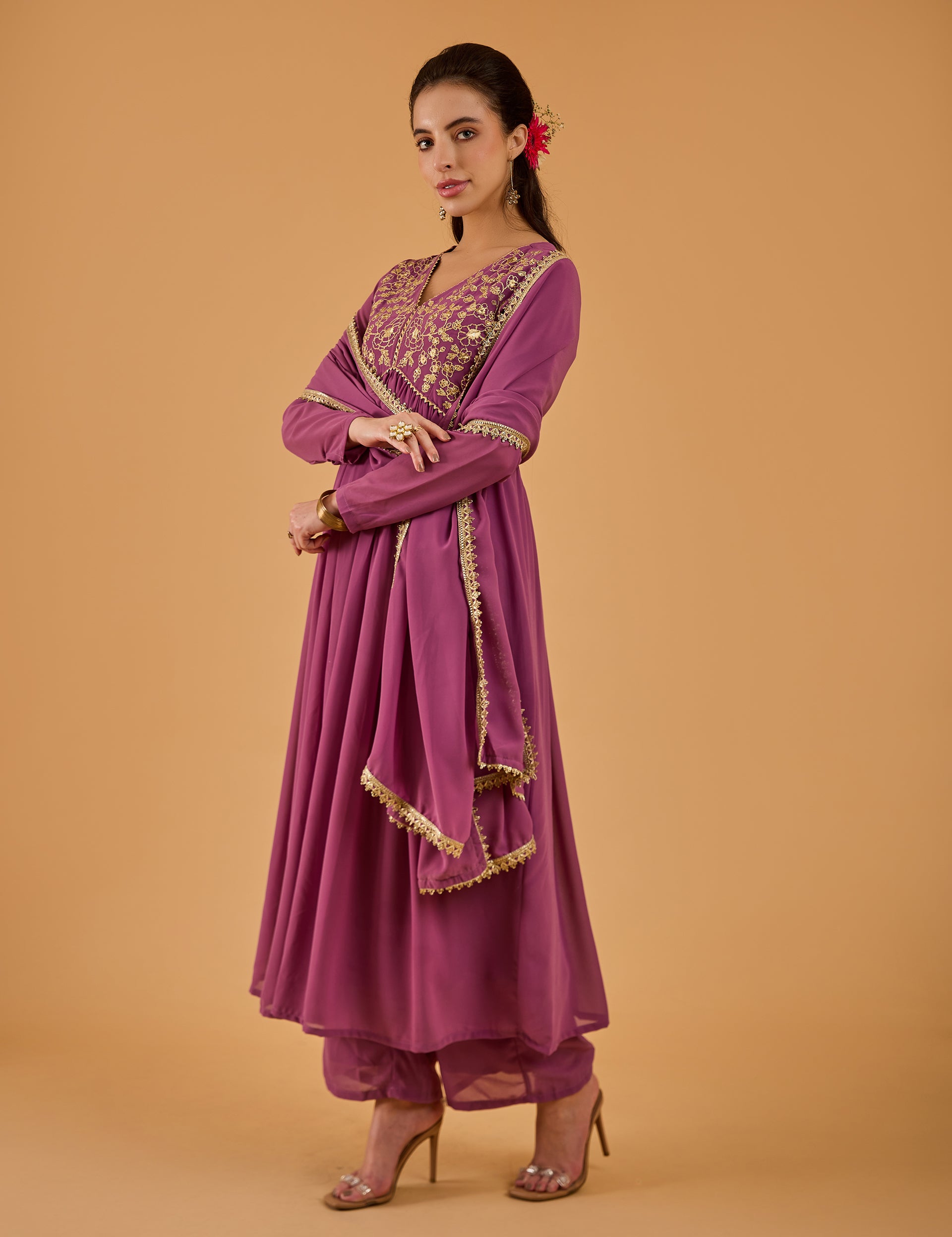 dhartii  Solid Purple Embroidered Georgette Suit Set