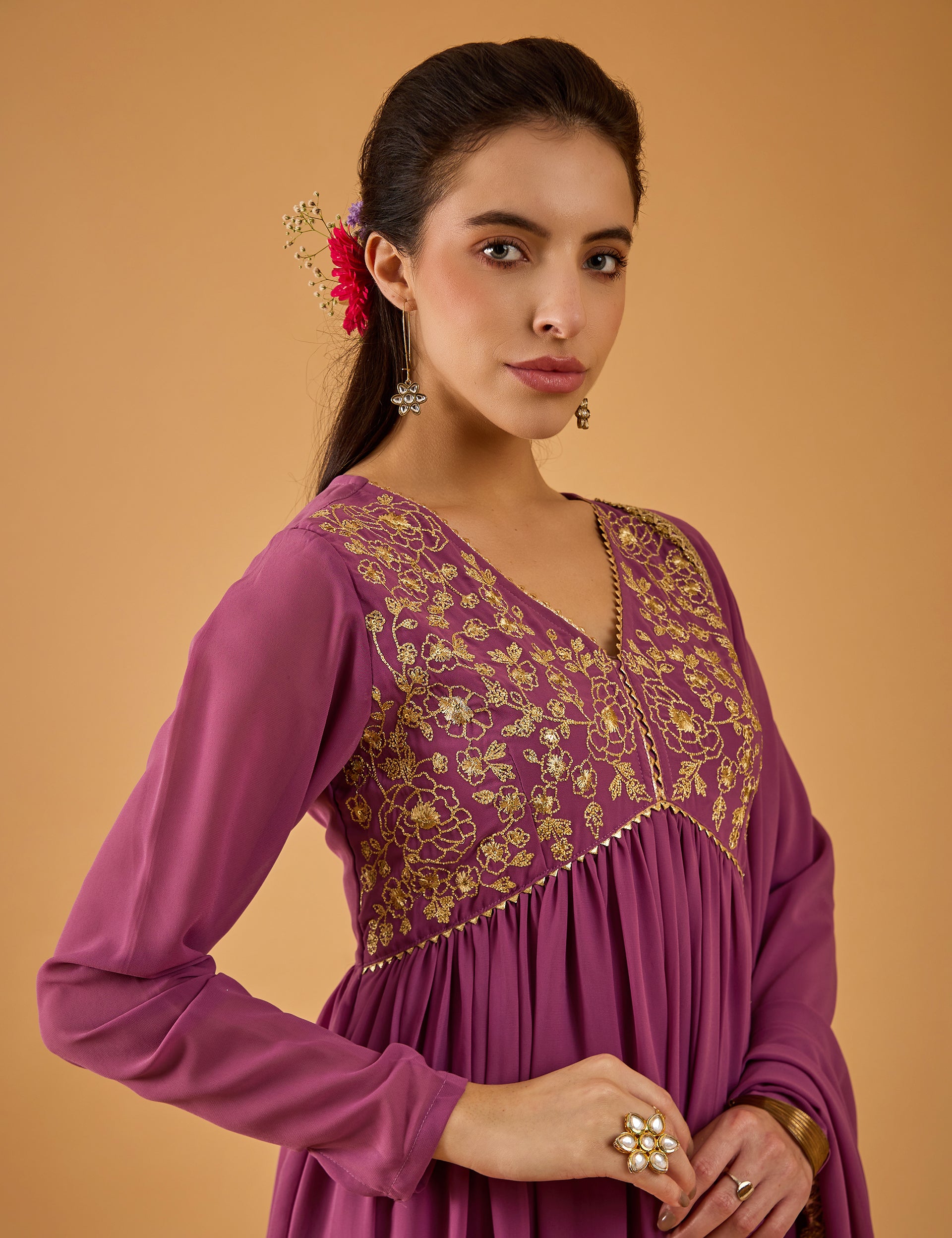 dhartii  Solid Purple Embroidered Georgette Suit Set