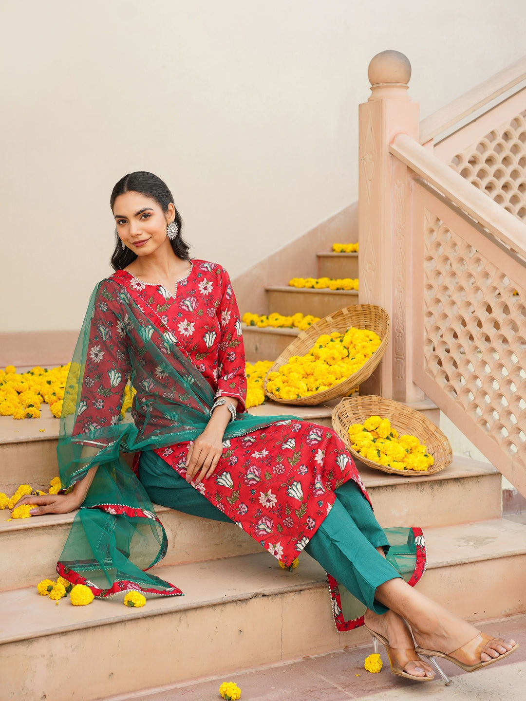Red Rayon Blend Floral Straight Kurta Pant With Dupatta