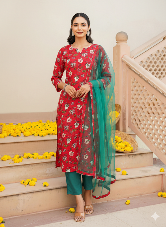 Red Rayon Blend Floral Straight Kurta Pant With Dupatta