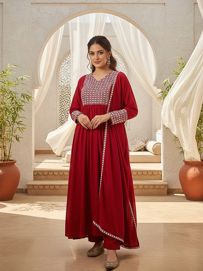Red Poly Georgette Yoke Design Suit Set