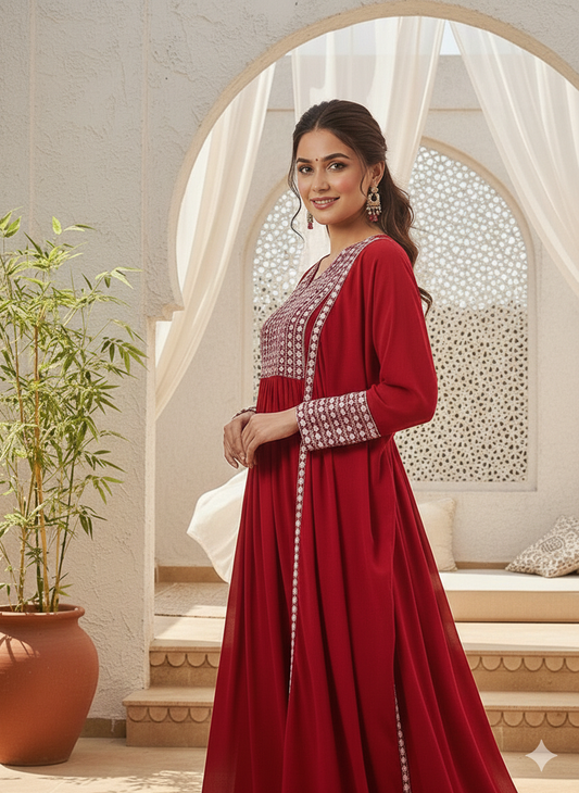 Red Poly Georgette Yoke Design Suit Set