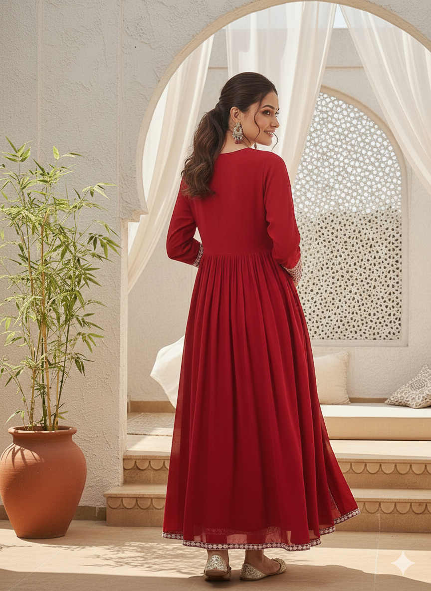 Red Poly Georgette Yoke Design Suit Set
