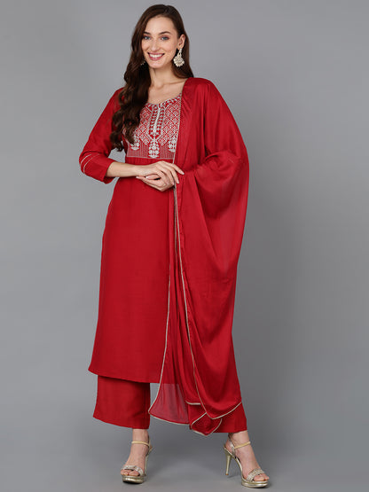 Red Silk Blend Straight Kurta Palazzo With Dupatta