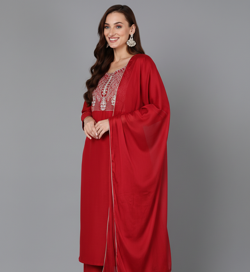 Red Silk Blend Straight Kurta Palazzo With Dupatta