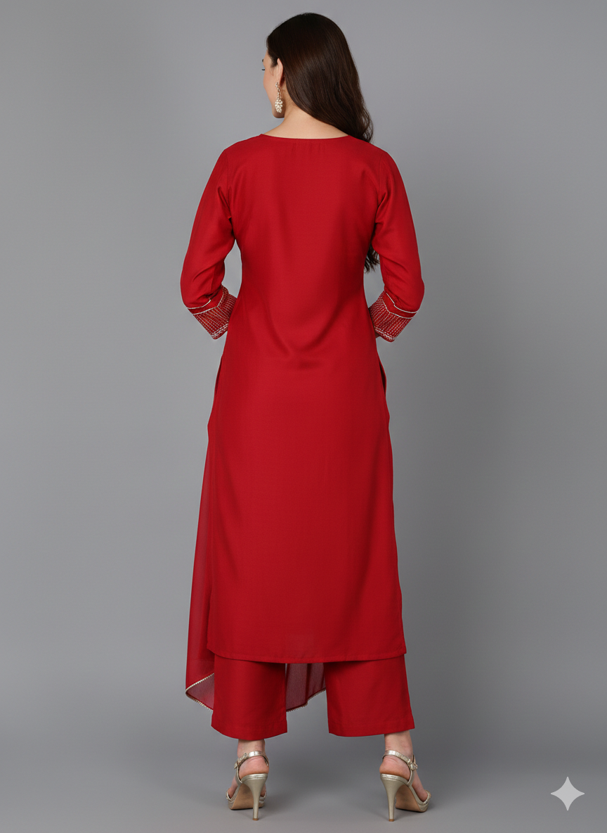 Red Silk Blend Straight Kurta Palazzo With Dupatta