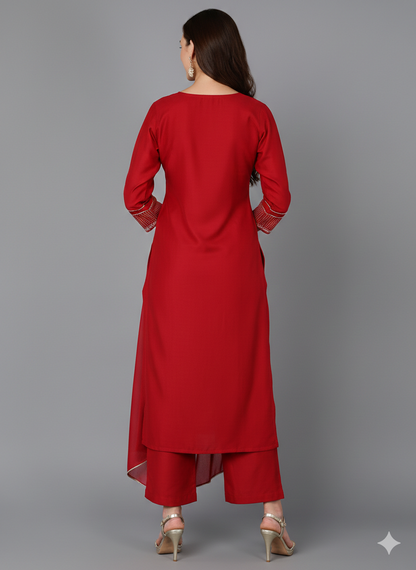 Red Silk Blend Straight Kurta Palazzo With Dupatta