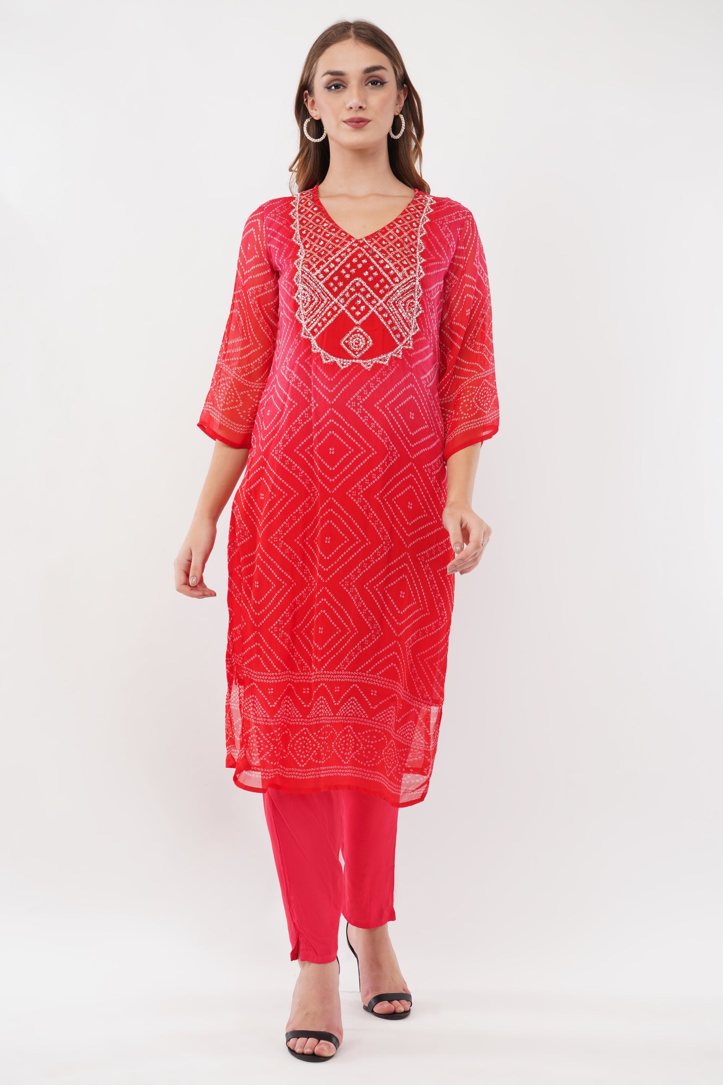 Red Georgette Digital Print Bandhani Print Embellished Suit Suit Set - Set Of 3