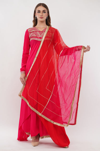 Red Kurta & Bottom Natural Crepe Dupatta Organza Flared Suit - Set Of 3