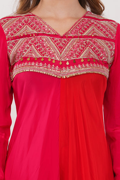 Red Kurta & Bottom Natural Crepe Dupatta Organza Flared Suit - Set Of 3