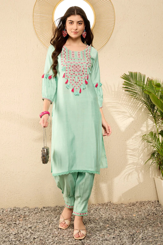 Sea Green Viscose Rayon Solid Embroidered Straight Salwar Kurta Set