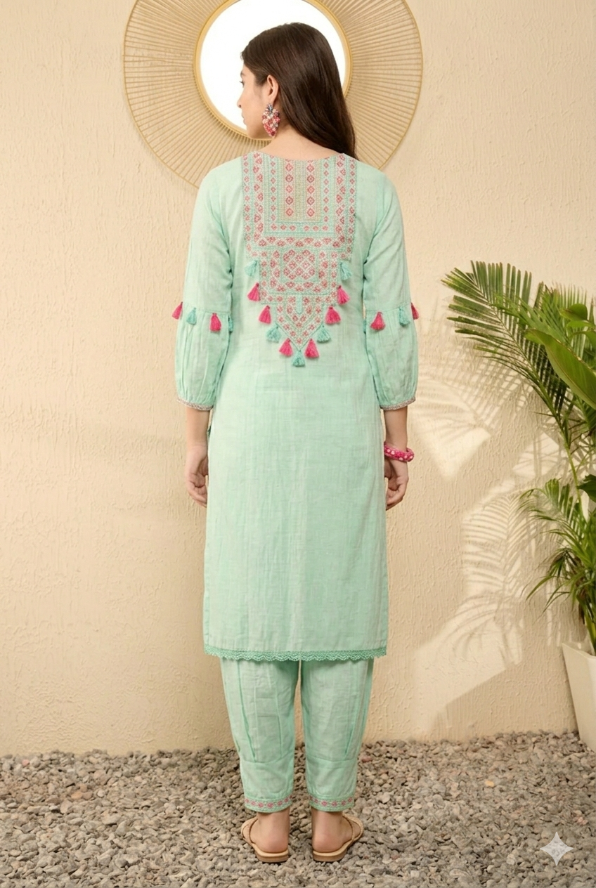 Sea Green Viscose Rayon Solid Embroidered Straight Salwar Kurta Set