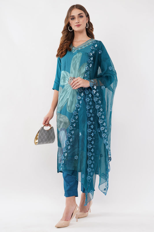 Muslin Organza Dupatta With Digital Printed Teal Blue Suit - Set Of 3