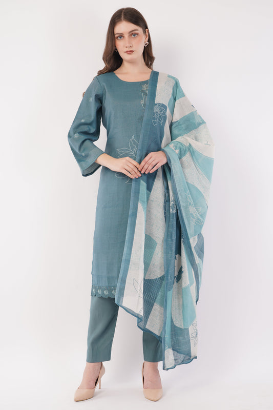 Teal Blue Abstract Printed Suit Set - Set Of 3