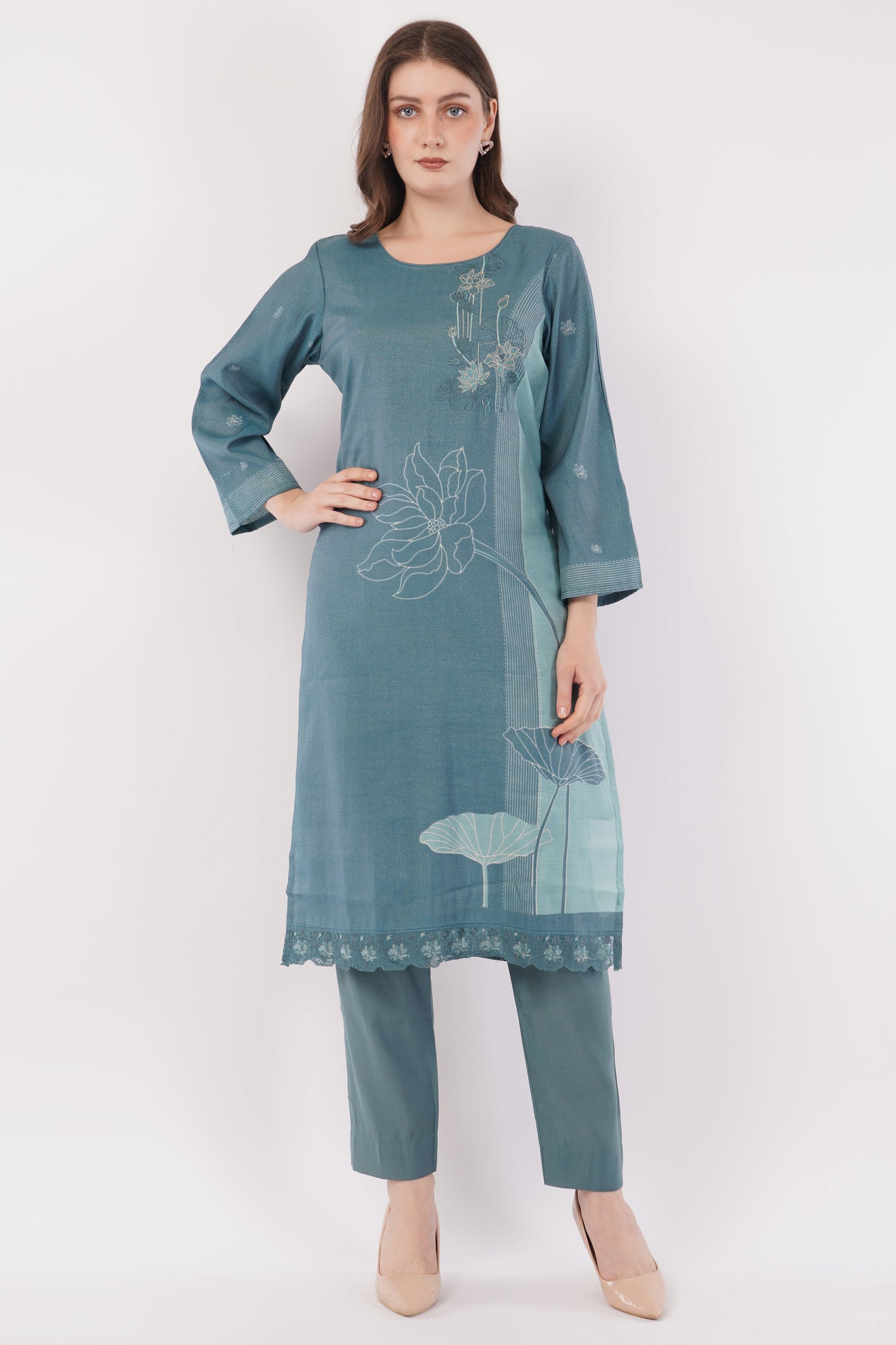 Teal Blue Abstract Printed Suit Set - Set Of 3