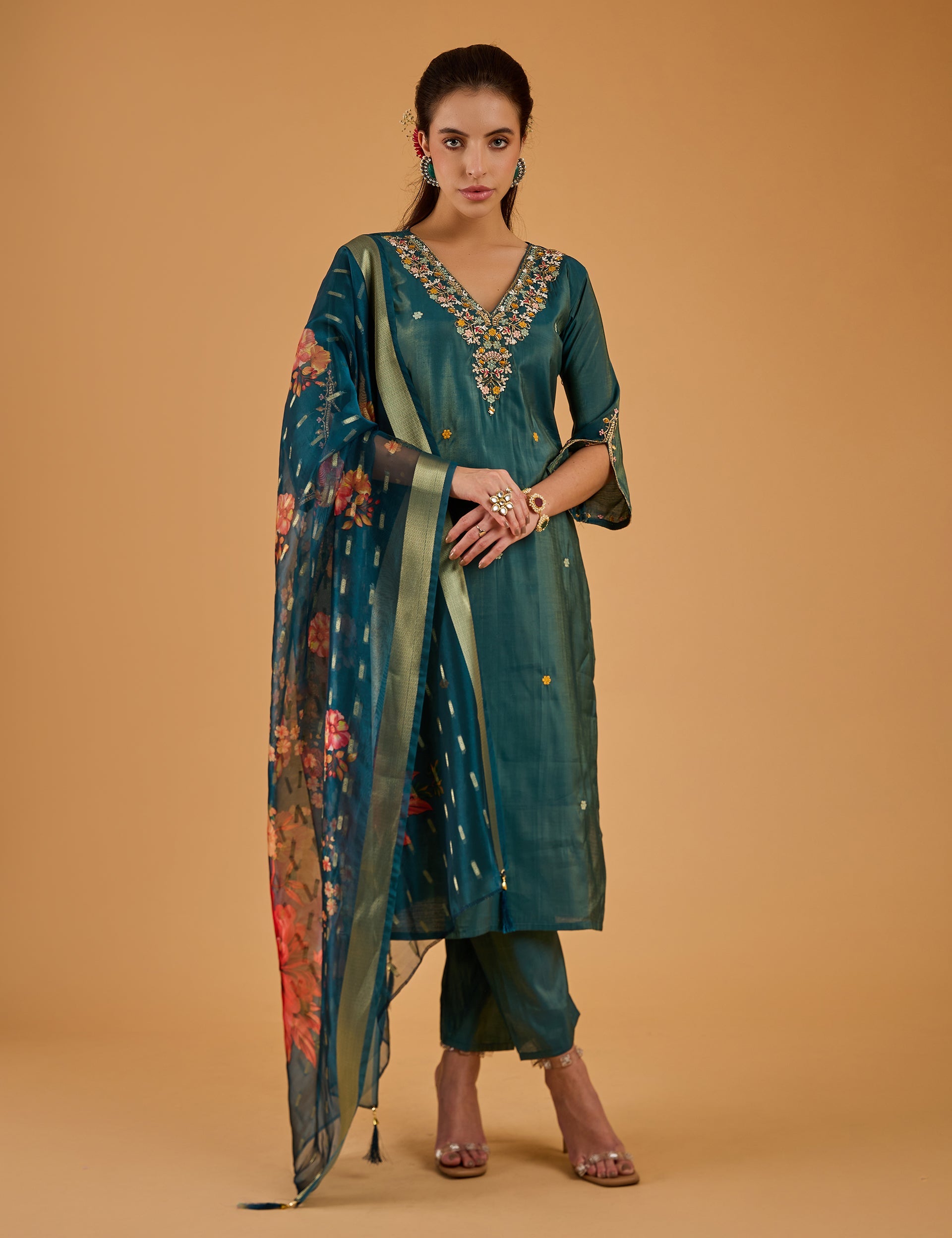 dhartii  Metallic teal Blue Embroidered Silk Tissue Kurta Set