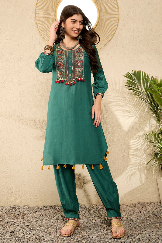 Teal Green Embroidered Viscose Rayon Straight Salwar Bottom Kurta Set