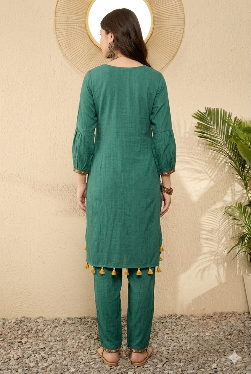 Teal Green Embroidered Viscose Rayon Straight Salwar Bottom Kurta Set