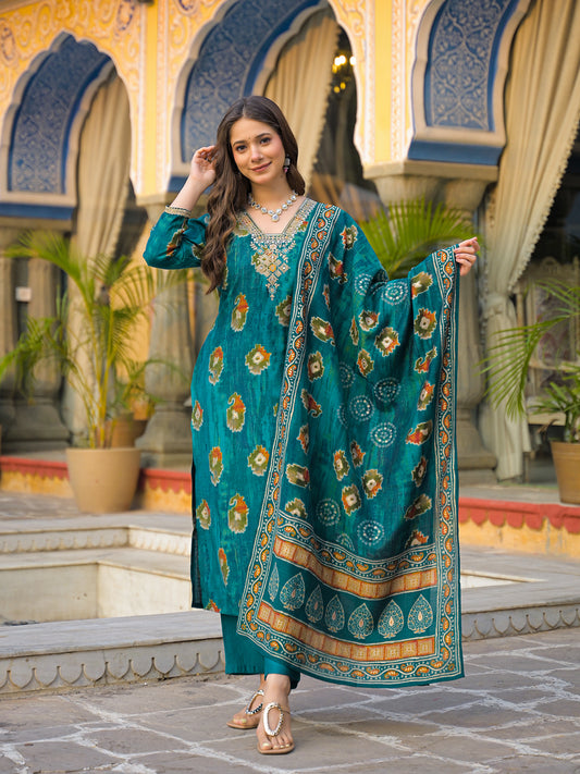 Teal Viscose Embroidered Straight Kurta Trousers With Dupatta