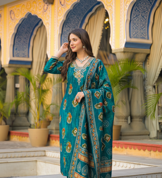 Teal Viscose Embroidered Straight Kurta Trousers With Dupatta