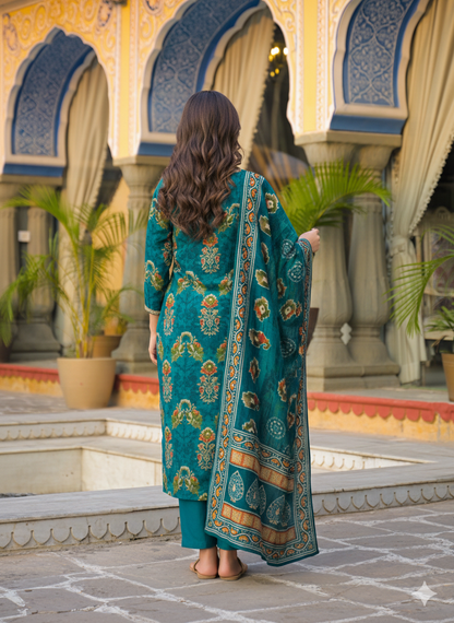 Teal Viscose Embroidered Straight Kurta Trousers With Dupatta