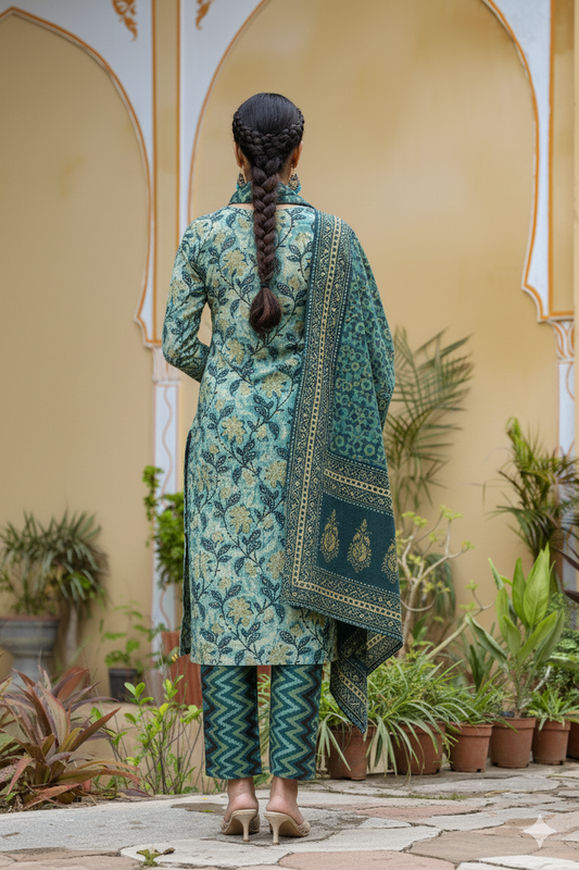 Rayon Blend Teal Ethnic Motifs Printed Straight Kurta Palazzo Dupatta Set