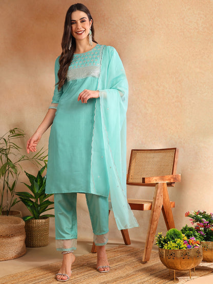 Turquoise Poly Silk Solid Sequin Straight Suit Set