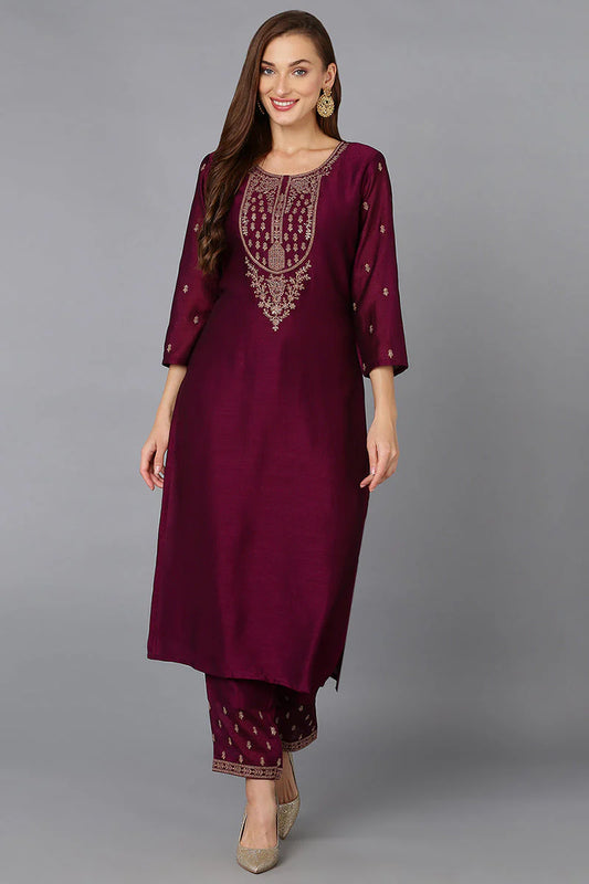 Silk Blend Wine Embroidered Kurta With Pant 