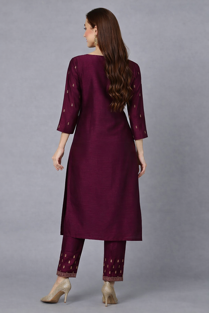 Silk Blend Wine Embroidered Kurta With Pant 