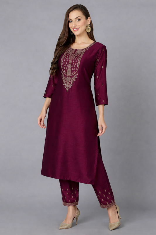 Silk Blend Wine Embroidered Kurta With Pant 