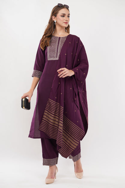 Wine Cotton Blend Straight Suit - Set Of 3