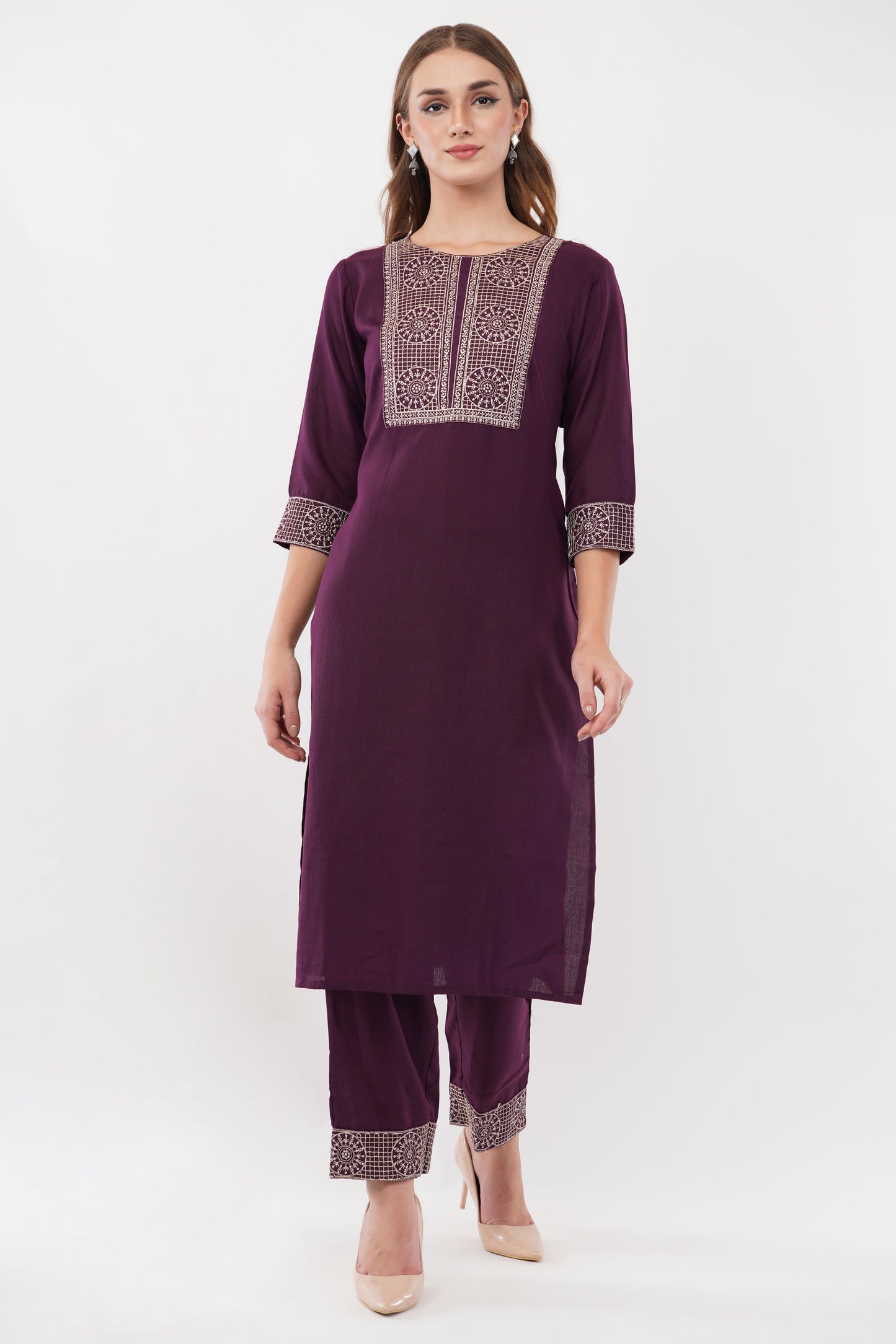 Wine Cotton Blend Straight Suit - Set Of 3