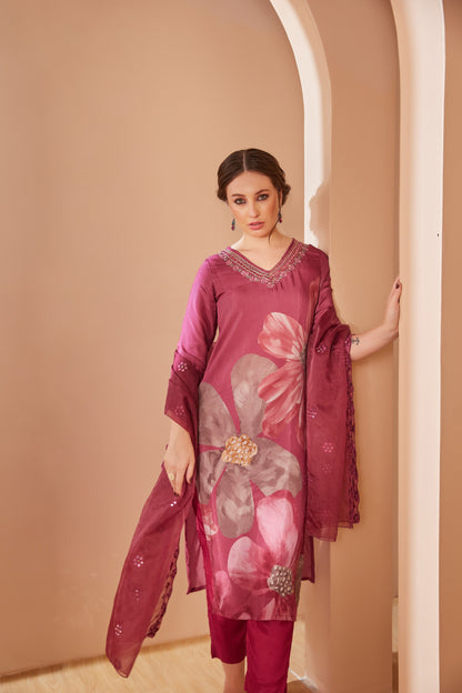 Muslin Organza Dupatta With Digital Printed Wine Suit - Set Of 3